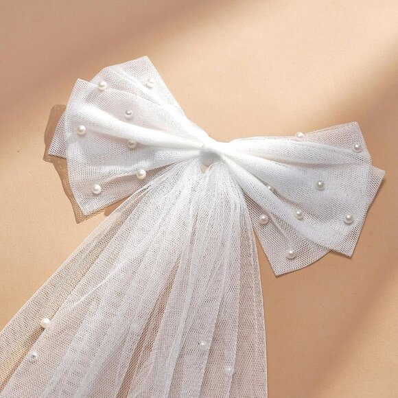 Bridal Hair Bow Veil Satin Pearl Clip for Weddings Bridal Shower Gift - Picture 4 of 9